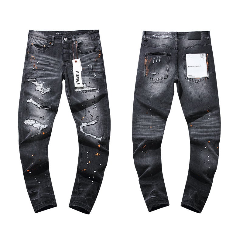Purple New Style Splash-Ink Print Trendy High Street Retro Ripped Casual Trendy Unisex Denim Pants - Image 4